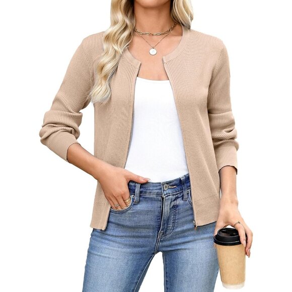 Totatuit Womens Camel Long Sleeves Cardigans Knitted Lightweight Zipper Sweater - Picture 2 of 8